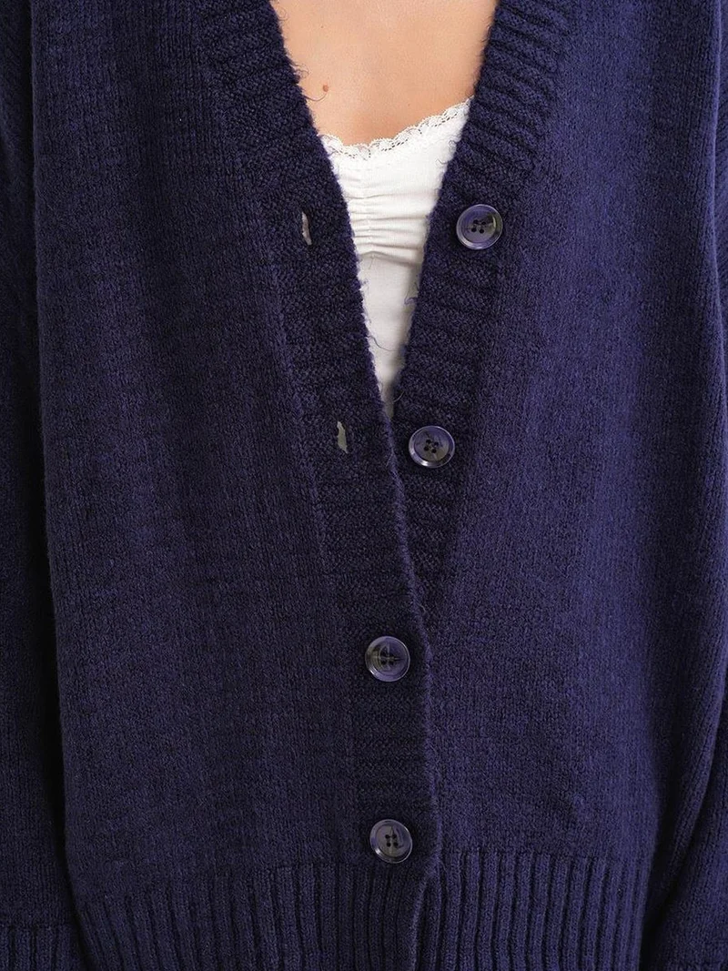 MixRay Navy Blue Mixray Buttoned V-Neck Ribbed Knit Cardigan for Women | Best Price UAE