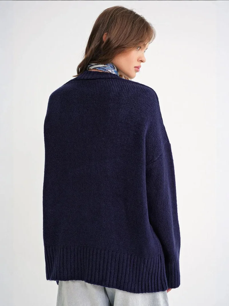 MixRay Navy Blue Mixray Buttoned V-Neck Ribbed Knit Cardigan for Women | Best Price UAE