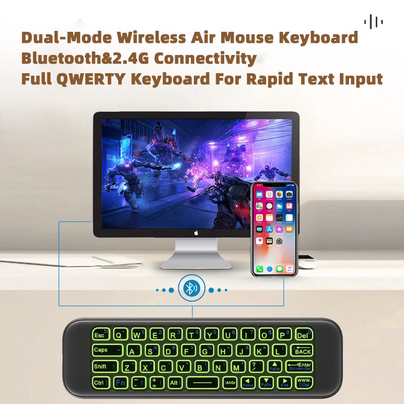 iPazzPort Mini Air Mouse Remote Keyboard with 7-Color Backlight for Android TV Box, Smart TV, HTPC, Projector; Rechargeable Dual-Mode Universal Controller for Couch Browsing - Image 2