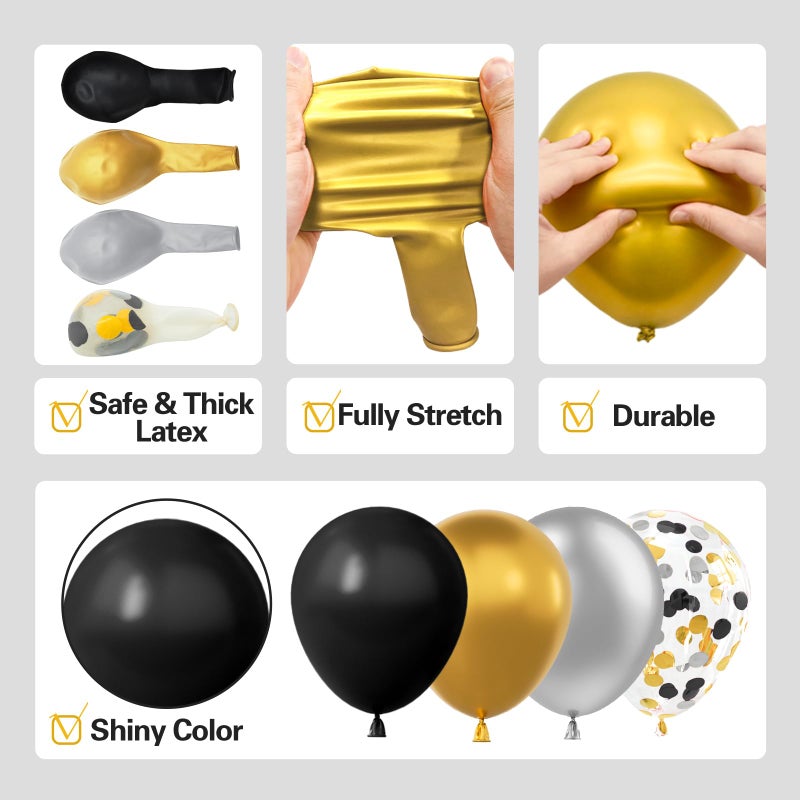 LOOLEY 137Pcs Black Gold and Silver Balloons Garland Arch Kit with Stars - 5 10 12 18 inch Black Gold Silver Latex Party Balloons for New Year Birthday 2026 Graduation Retirement Party Decoration - Image 4