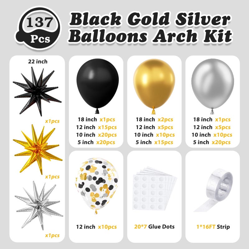 LOOLEY 137Pcs Black Gold and Silver Balloons Garland Arch Kit with Stars - 5 10 12 18 inch Black Gold Silver Latex Party Balloons for New Year Birthday 2026 Graduation Retirement Party Decoration - Image 3