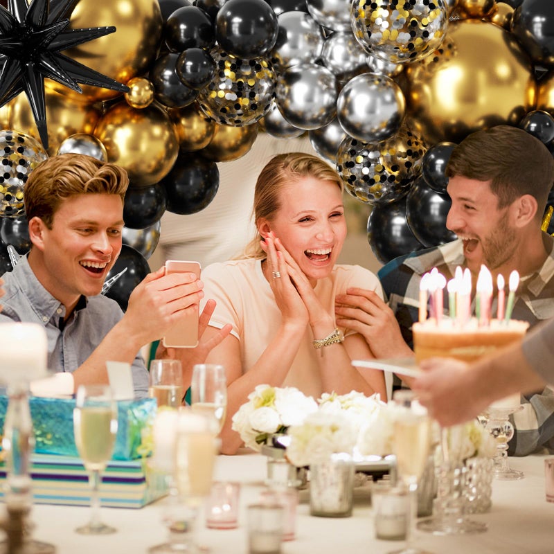 LOOLEY 137Pcs Black Gold and Silver Balloons Garland Arch Kit with Stars - 5 10 12 18 inch Black Gold Silver Latex Party Balloons for New Year Birthday 2026 Graduation Retirement Party Decoration - Image 5