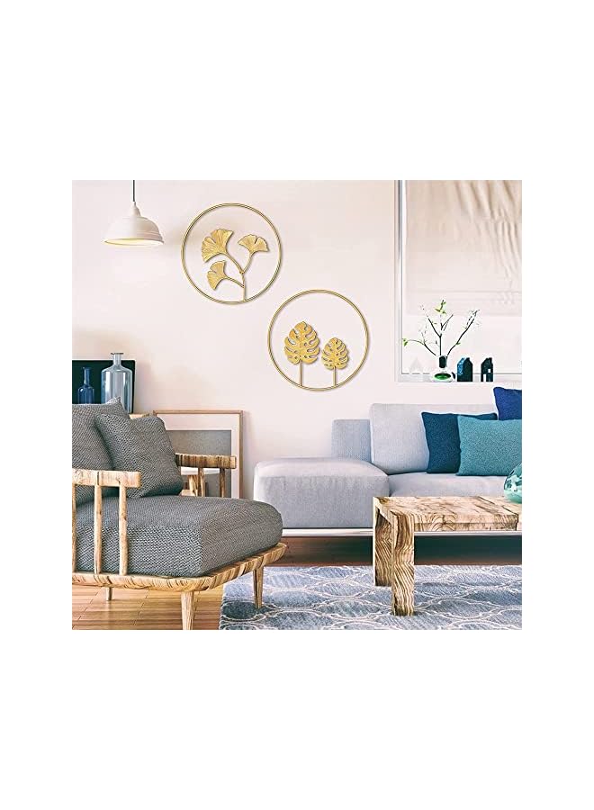 The Bros Round Leaves, Metal Wall Art, Iron Wall Sculptures Wall Ornaments, Gold Metal Leaf Wall, Nature Gingko Biloba Art, for Home Hotel Living Room Office Decoration, 2Pcs (Gold) - Image 3