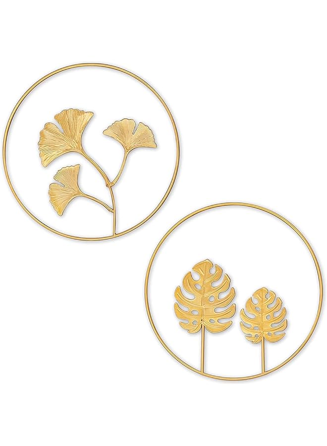 The Bros Round Leaves, Metal Wall Art, Iron Wall Sculptures Wall Ornaments, Gold Metal Leaf Wall, Nature Gingko Biloba Art, for Home Hotel Living Room Office Decoration, 2Pcs (Gold) - Image 1