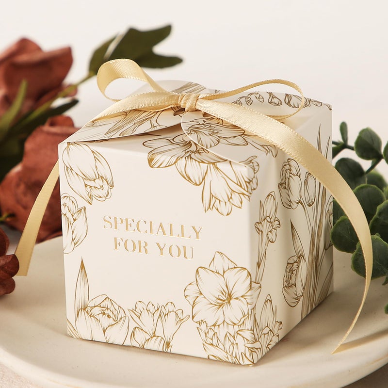 Yoption 50pcs Tulips and Freesia Party Favor Boxes 275 x 275 x 275 Inch Champagne Gold Wedding Candy Box with Ribbons for Wedding Bridal Baby Shower Birthday Party Decoration