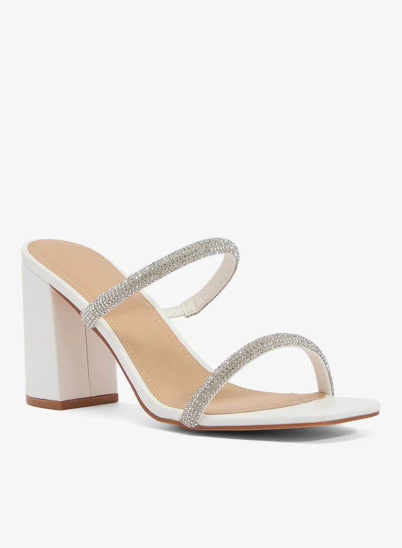 Truffle Silver Rhinestone Embellished Strap High Block Heel Sandal
