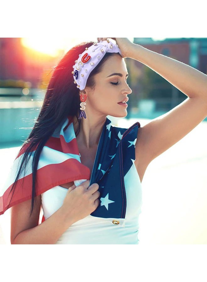 CEALXHENY Headband, 4th of July Accessories for Women, USA Embellished Knotted Headband, Rhinestone Pearl Beads, Holiday Gifts (USA-White) - Image 2