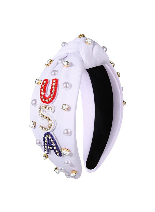 CEALXHENY Headband, 4th of July Accessories for Women, USA Embellished Knotted Headband, Rhinestone Pearl Beads, Holiday Gifts (USA-White) - Image 1