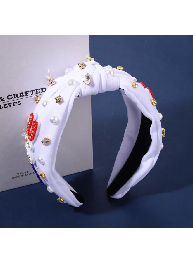 CEALXHENY Headband, 4th of July Accessories for Women, USA Embellished Knotted Headband, Rhinestone Pearl Beads, Holiday Gifts (USA-White) - Image 5