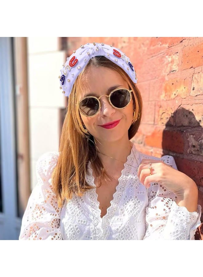 CEALXHENY Headband, 4th of July Accessories for Women, USA Embellished Knotted Headband, Rhinestone Pearl Beads, Holiday Gifts (USA-White) - Image 3