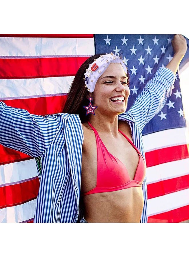 CEALXHENY Headband, 4th of July Accessories for Women, USA Embellished Knotted Headband, Rhinestone Pearl Beads, Holiday Gifts (USA-White) - Image 4