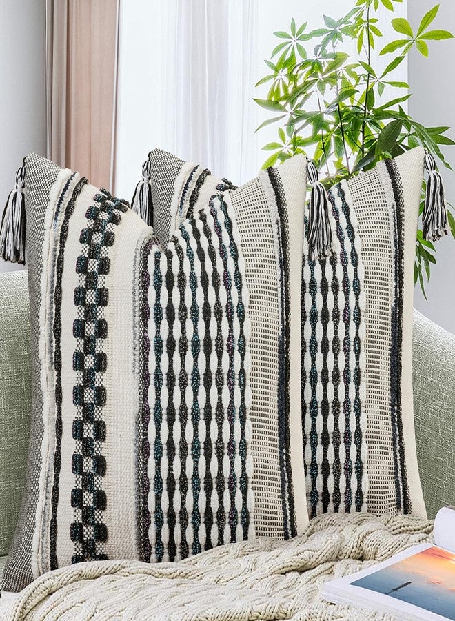 AmHoo Set of 2 Chenille Striped Textured Boho Throw Pillow Covers Aesthetic with Tassels Woven Decorative Pillow Case for Couch Bed Sofa Bedroom Modern Funky 18 x 18-Inch Black Multicolor - Image 1