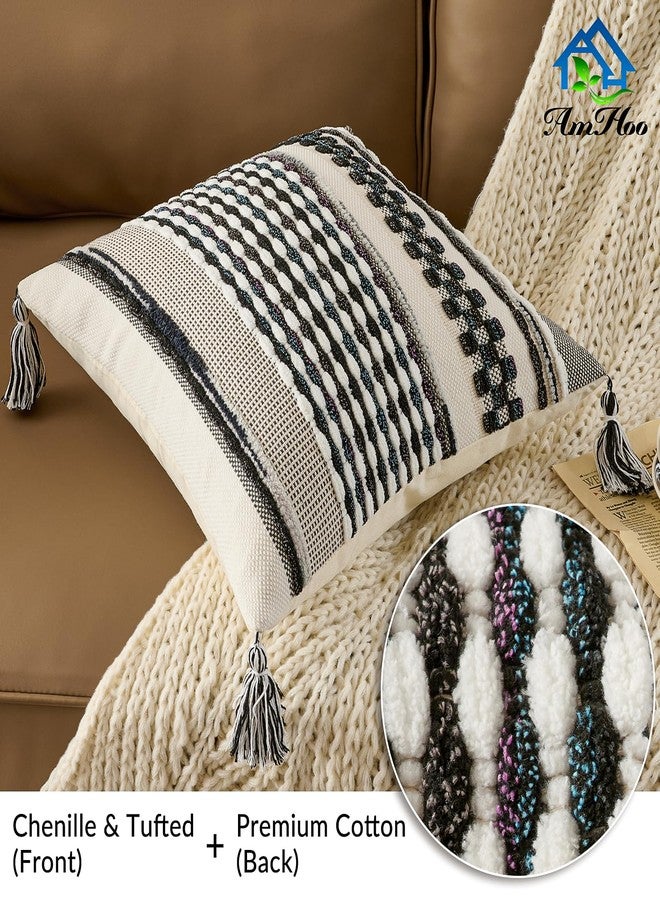 AmHoo Set of 2 Chenille Striped Textured Boho Throw Pillow Covers Aesthetic with Tassels Woven Decorative Pillow Case for Couch Bed Sofa Bedroom Modern Funky 18 x 18-Inch Black Multicolor - Image 2