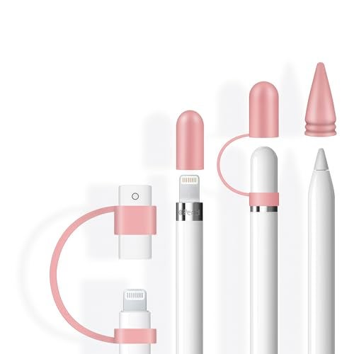 siduater [4-Pack] Silicone Protective Accessories for Apple Pencil 1st Generation, Includes 1 Apple Pencil Cap Replacements, Apple Pencil Cap Holder, Apple Pencil Tip Cover, Adapter Tether (Pink) - Image 1