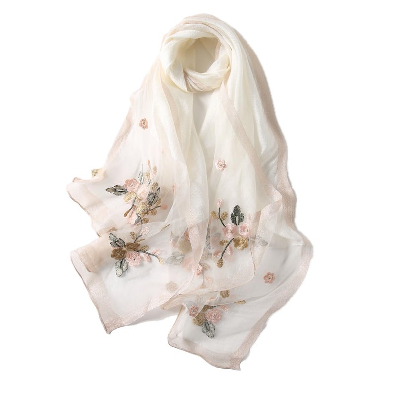 Jeelow Silk Wool Blend Embroidered Floral Scarf Shawl Wrap for Women with Pearls Lightweight Long Wedding Pashmina Gift Fashion (Fleur Ivory) - Image 1