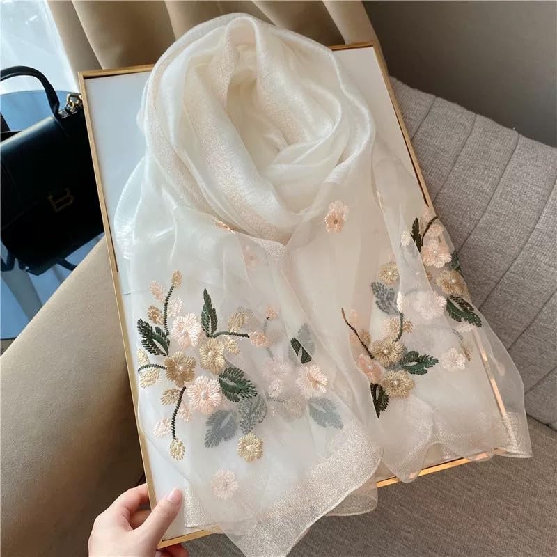 Jeelow Silk Wool Blend Embroidered Floral Scarf Shawl Wrap for Women with Pearls Lightweight Long Wedding Pashmina Gift Fashion (Fleur Ivory) - Image 2