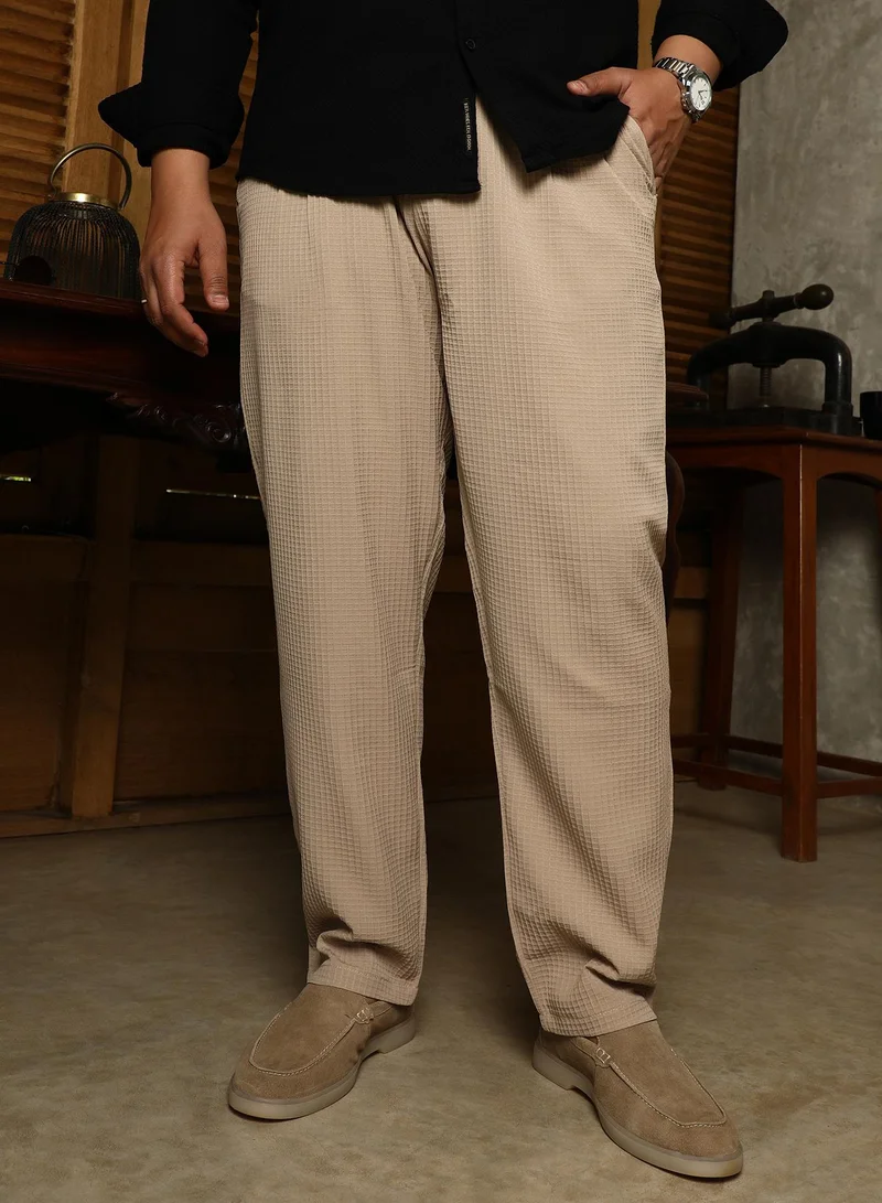 Instafab Plus Instafab Plus Men's Khaki Beige Textured Graph Check Trousers For Casual Wear | Mid-Rise | Regular Fit | Button Closure | Plus Size Trousers Crafted With Comfort Fit For Everyday Wear