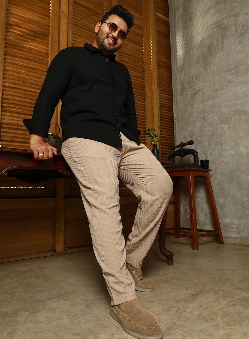 Instafab Plus  Instafab Plus Men's Khaki Beige Textured Graph Check Trousers For Casual Wear | Mid-Rise | Regular Fit | Button Closure | Plus Size Trousers Crafted With Comfort Fit For Everyday Wear for Men | Best Price UAE