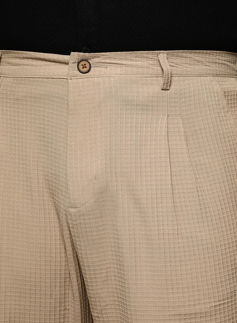 Instafab Plus  Instafab Plus Men's Khaki Beige Textured Graph Check Trousers For Casual Wear | Mid-Rise | Regular Fit | Button Closure | Plus Size Trousers Crafted With Comfort Fit For Everyday Wear for Men | Best Price UAE