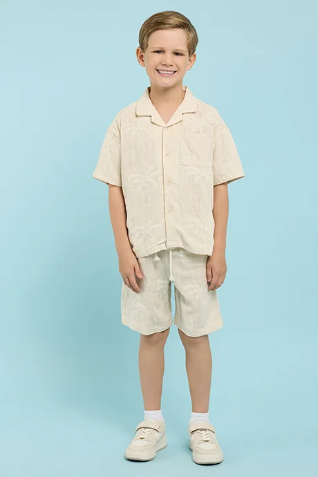 R&B Embroidered Shirt with Revere Collar and Short Sleeves