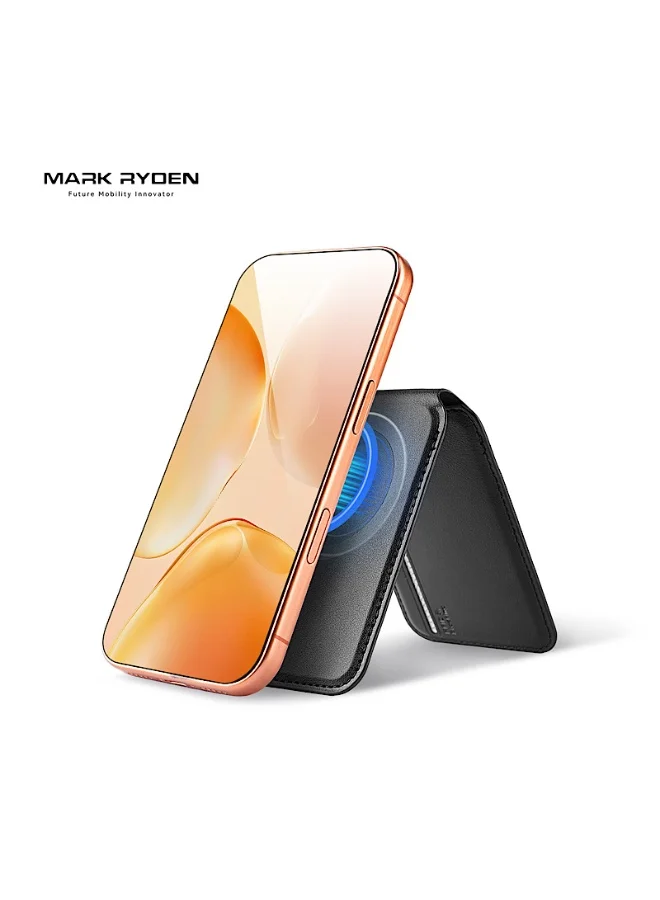 MARK RYDEN  Mark Ryden MR21 Black Magnetic Card Holder and Phone Stand, RFID Blocking, Slim 4mm PU Leather Wallet, Holds 2–3 Cards, Strong Magnetic Snap-On Grip, Foldable Stand for Portrait and Landscape  | Best Price UAE