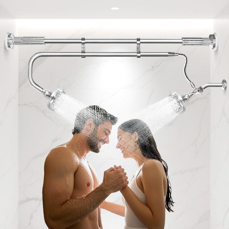 OURBAOFU رؤوس دش OURBAOFU المزدوجة، رأس دش مزدوج للأزواج، نظام رأس دش مزدوج لشخصين، ضغط عالي ورؤوس دش مزدوجة قابلة للتعديل (فضي) - Image 1