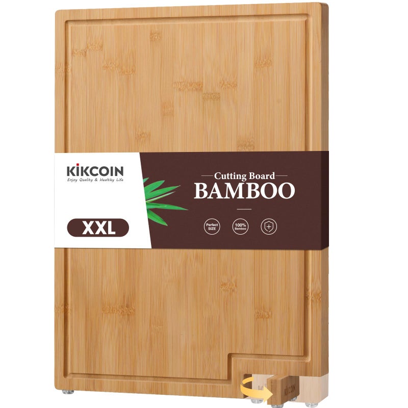 Kikcoin Bamboo Cutting Boards for Kitchen, 2XLarge Wood Cutting Board with Rotating Kickstand & Juice Groove, Wooden Chopping Board for Meats Veges Fruits, Heavy Duty Serving Tray, 20 x 14 inch - Image 1