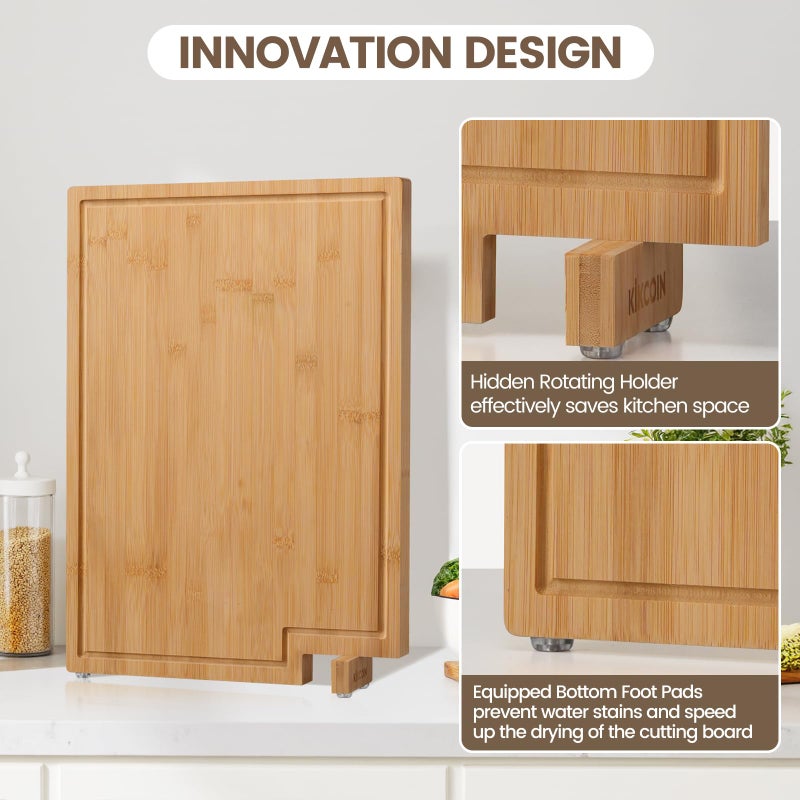 Kikcoin Bamboo Cutting Boards for Kitchen, 2XLarge Wood Cutting Board with Rotating Kickstand & Juice Groove, Wooden Chopping Board for Meats Veges Fruits, Heavy Duty Serving Tray, 20 x 14 inch - Image 2