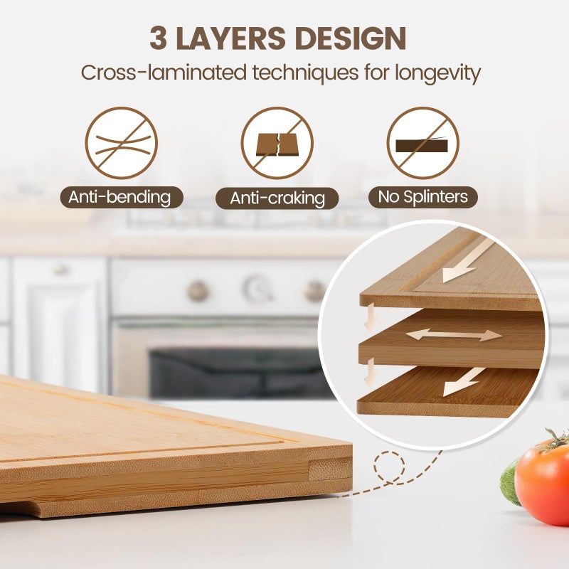 Kikcoin Bamboo Cutting Boards for Kitchen, 2XLarge Wood Cutting Board with Rotating Kickstand & Juice Groove, Wooden Chopping Board for Meats Veges Fruits, Heavy Duty Serving Tray, 20 x 14 inch - Image 3