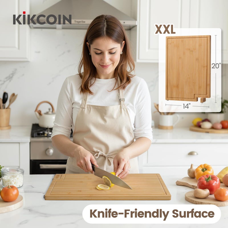 Kikcoin Bamboo Cutting Boards for Kitchen, 2XLarge Wood Cutting Board with Rotating Kickstand & Juice Groove, Wooden Chopping Board for Meats Veges Fruits, Heavy Duty Serving Tray, 20 x 14 inch - Image 5
