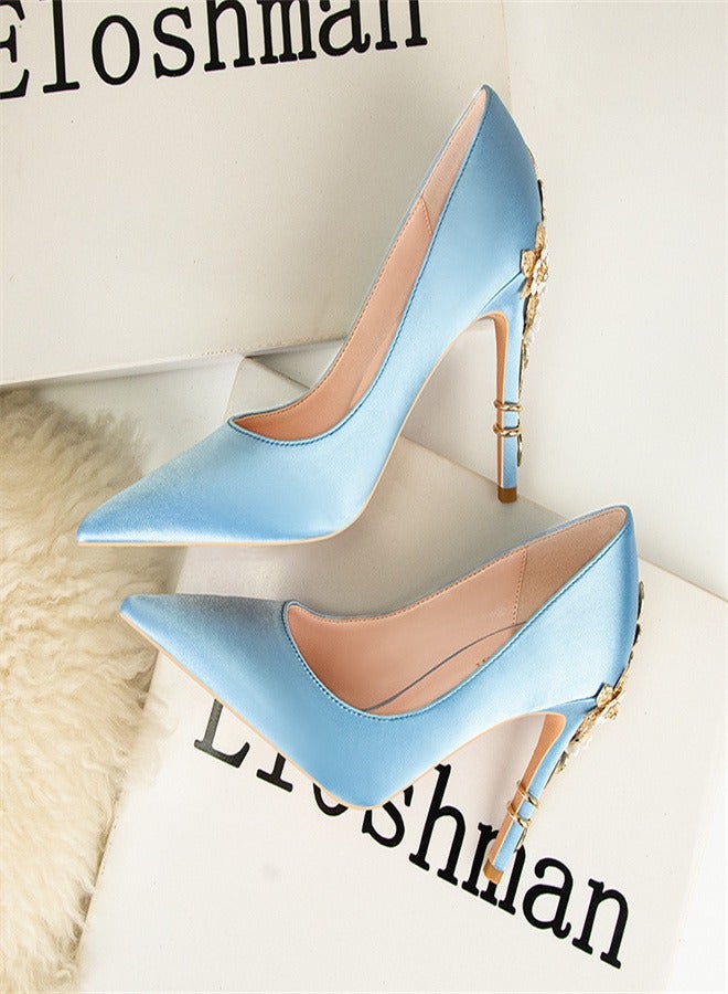 Eloshman Fashionable Floral Slim Heeled Pointed High Heeled Single Shoes Blue  - Image 3