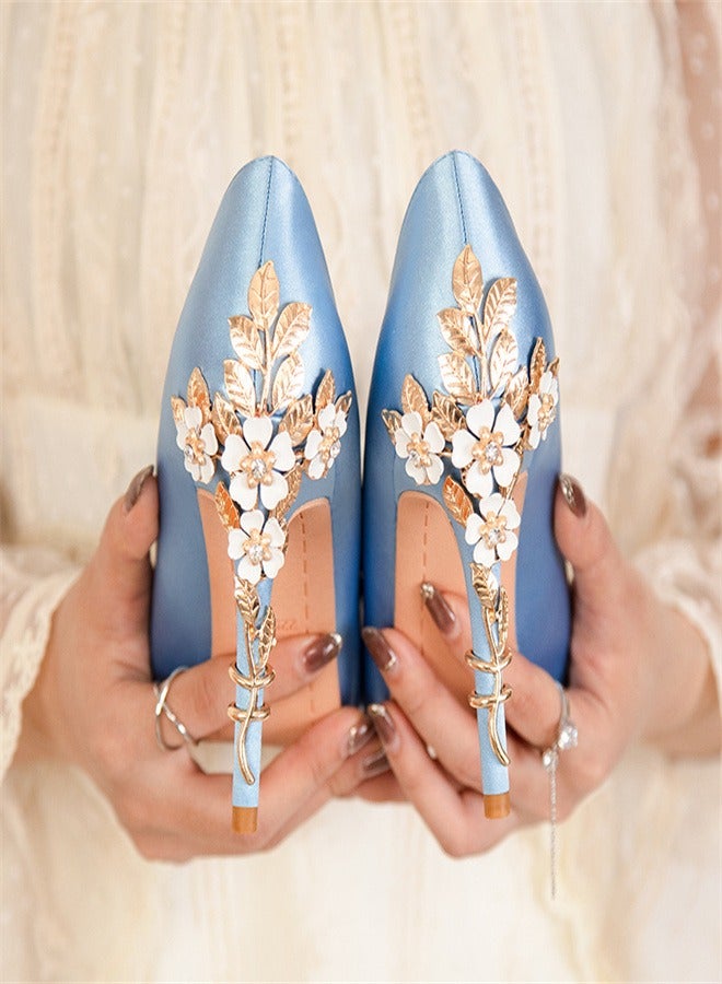 Eloshman Fashionable Floral Slim Heeled Pointed High Heeled Single Shoes Blue  - Image 2