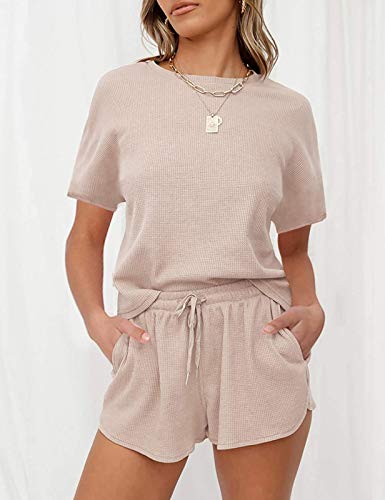 MEROKEETY Women's Short Sleeve Waffle Pajama Sets Lounge Top and Shorts 2 Piece Tracksuit Outfits, ShortBeige, M - Image 2