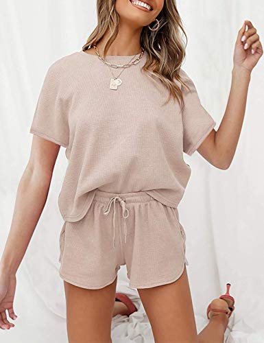 MEROKEETY Women's Short Sleeve Waffle Pajama Sets Lounge Top and Shorts 2 Piece Tracksuit Outfits, ShortBeige, M - Image 3