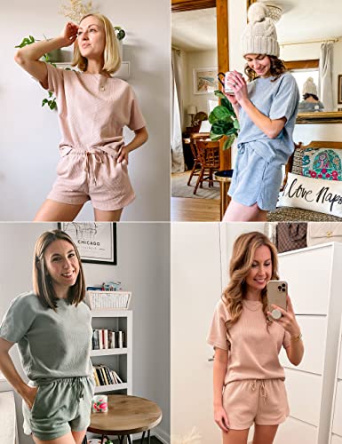 MEROKEETY Women's Short Sleeve Waffle Pajama Sets Lounge Top and Shorts 2 Piece Tracksuit Outfits, ShortBeige, M - Image 5