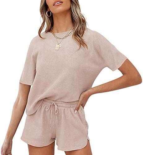 MEROKEETY Women's Short Sleeve Waffle Pajama Sets Lounge Top and Shorts 2 Piece Tracksuit Outfits, ShortBeige, M - Image 1
