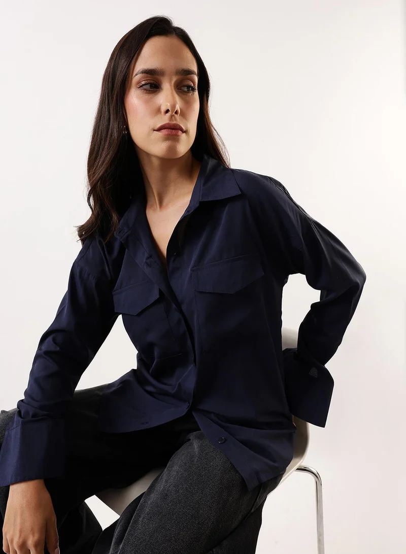 Dennis Lingo Women's Navy Poly Crepe Solid Button Down Regular Fit Shirt