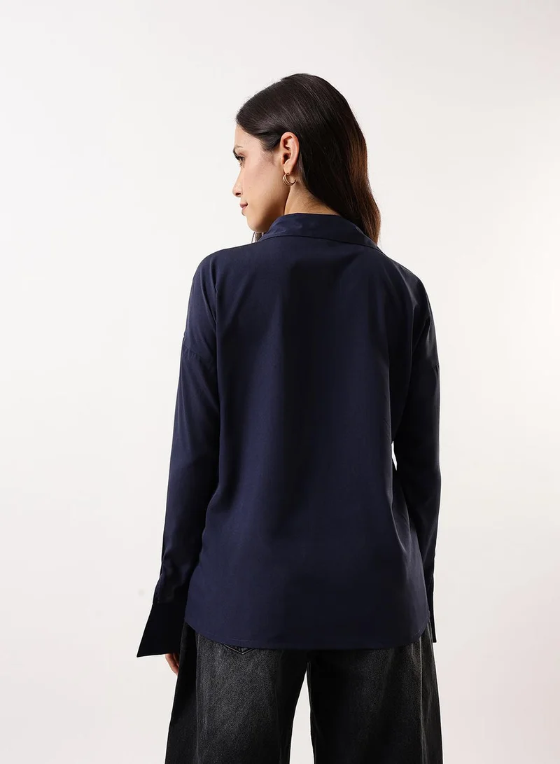 Dennis Lingo Women's Navy Poly Crepe Solid Button Down Regular Fit Shirt