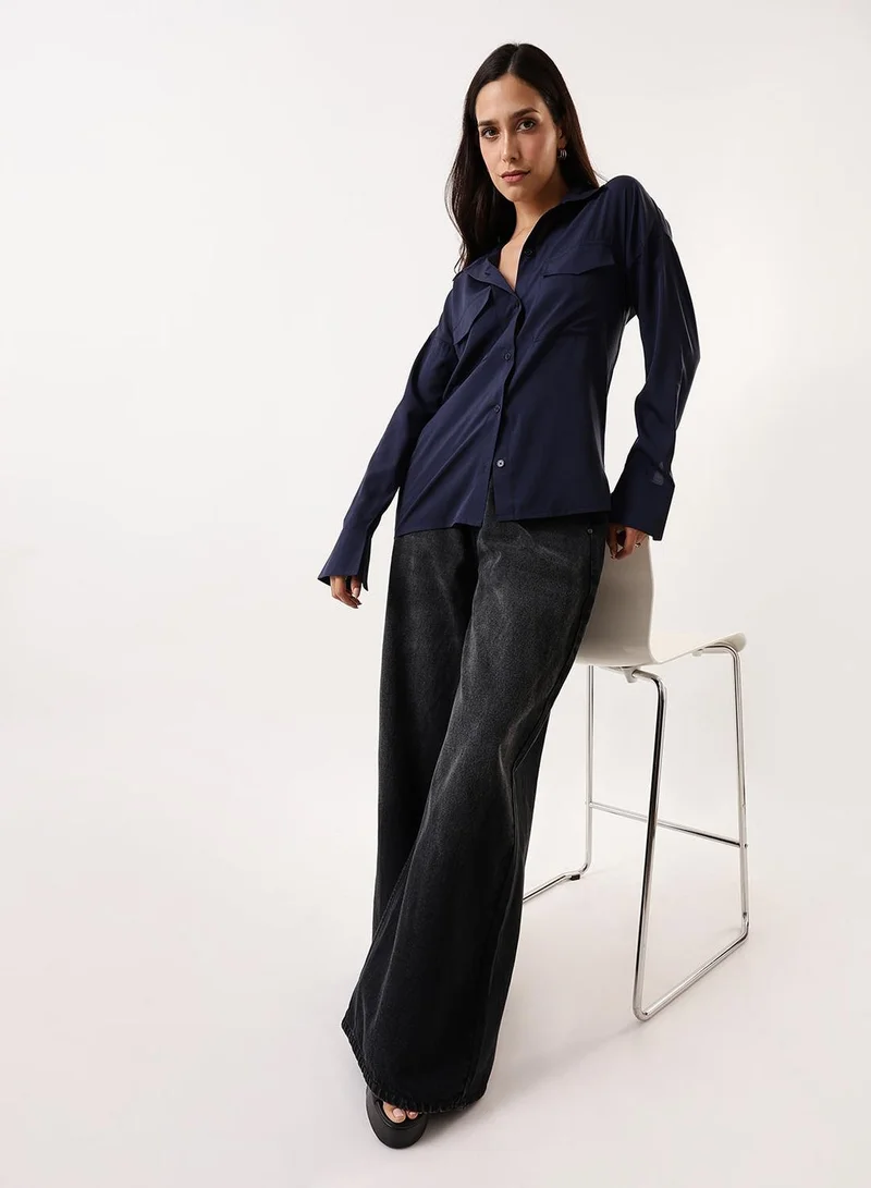 Dennis Lingo Women's Navy Poly Crepe Solid Button Down Regular Fit Shirt