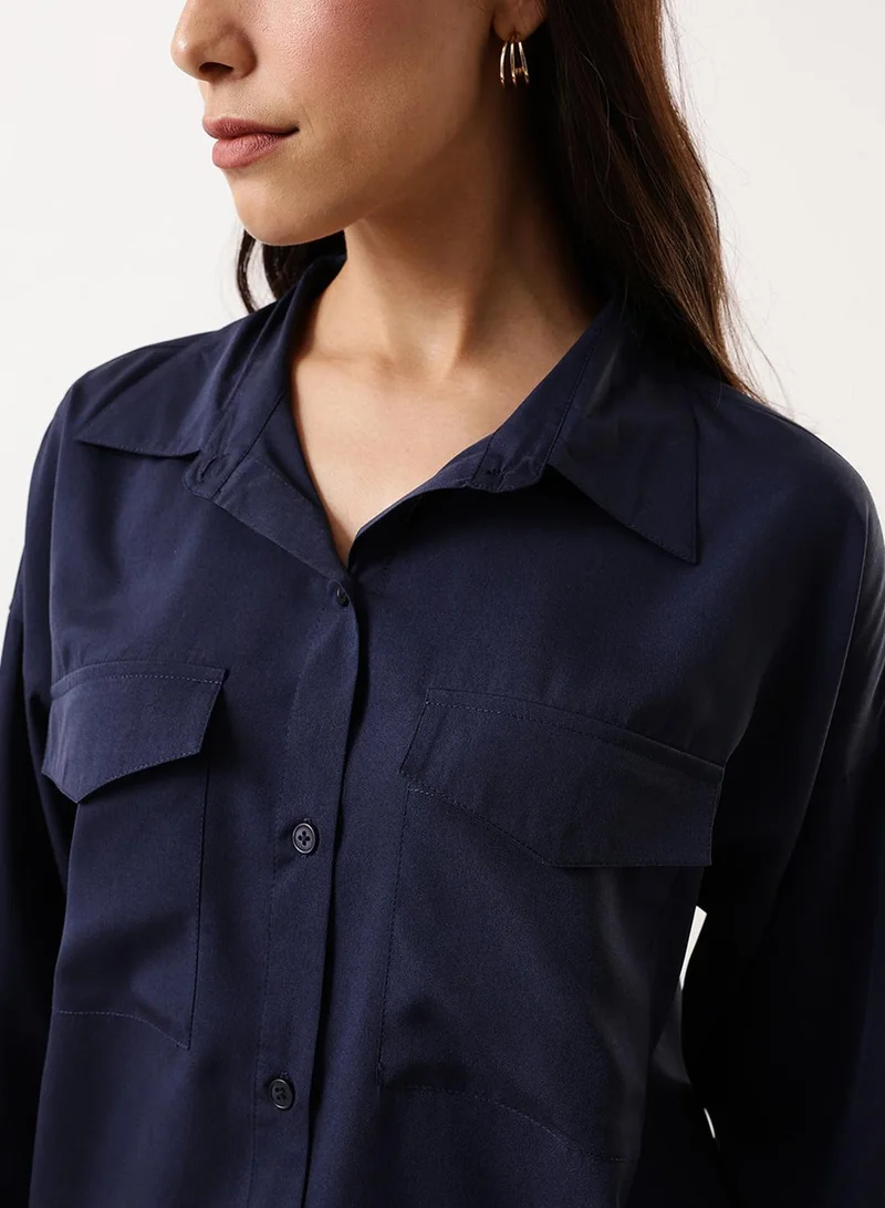 Dennis Lingo Women's Navy Poly Crepe Solid Button Down Regular Fit Shirt