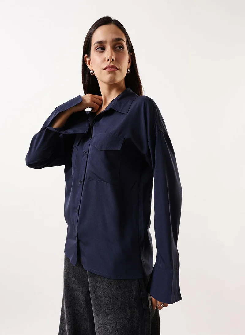 Dennis Lingo Women's Navy Poly Crepe Solid Button Down Regular Fit Shirt