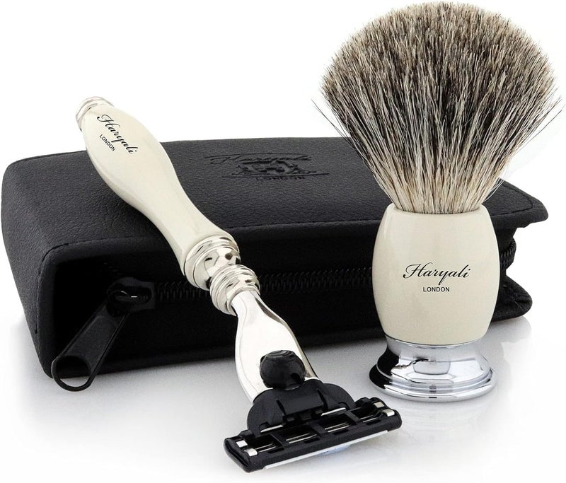 Haryali London Men shaving shave kit badger hair shaving brush Triple Edge Cartridge designer razor MENS CHRISTMAS XMAS GIFT WITH TRAVEL SHAVING CASE - Image 1