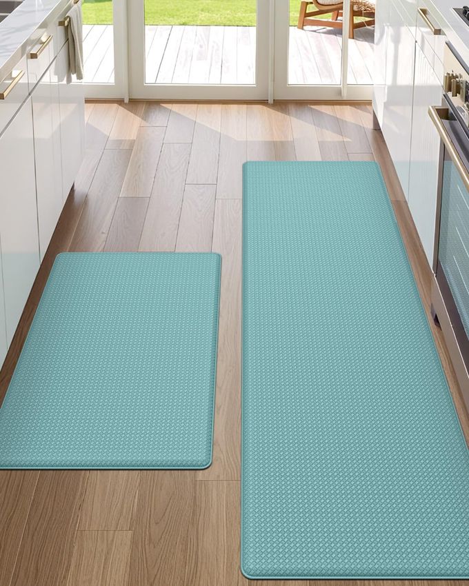 DEXI Kitchen Floor Mats Cushioned Anti Fatigue,17x29+17x59, Standing Runner Rug Waterproof, Comfort Memory Foam Padded for Front Sink Laundry Set of 2, Turquoise - Image 1