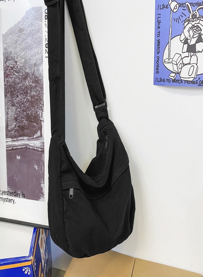 Youjaree Canvas Messenger Bag Large Hobo Crossbody Bag with Zipper Casual Shoulder Tote Handbag for Women and Men (Black) - Image 3