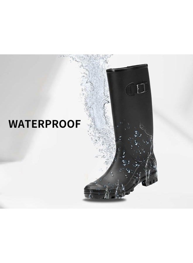 DKSUKO Waterproof Womens Rain Boots insulated,Lightweight Rubber fashion Wellies in Gardening,Warm and Comfortable Wide Calf Rain Boots with Glossy in Outdoor (Black,8) - Image 5