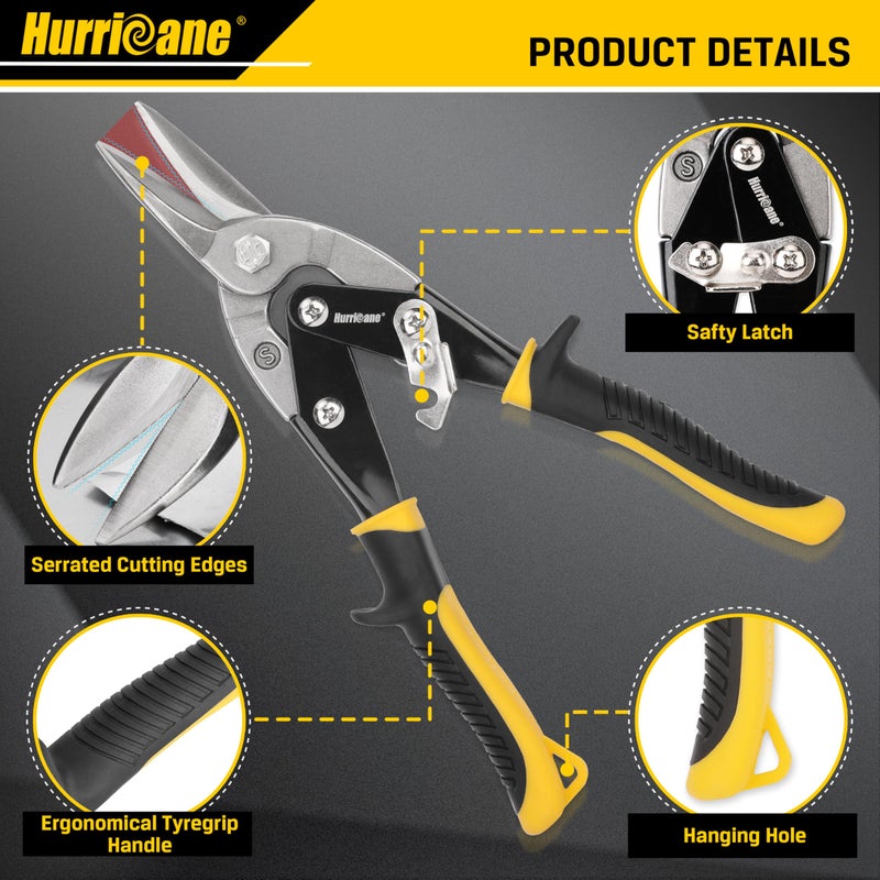 HURRICANE 3 pc Aviation Tin Snips Set, 10 inch Metal Cutter Shears for Cutting Sheet Metal, Cr-V Blades, Straight Left and Right Aviation Snips, with Ergonomical TyreGrip Handle and Safety Latch - Image 2