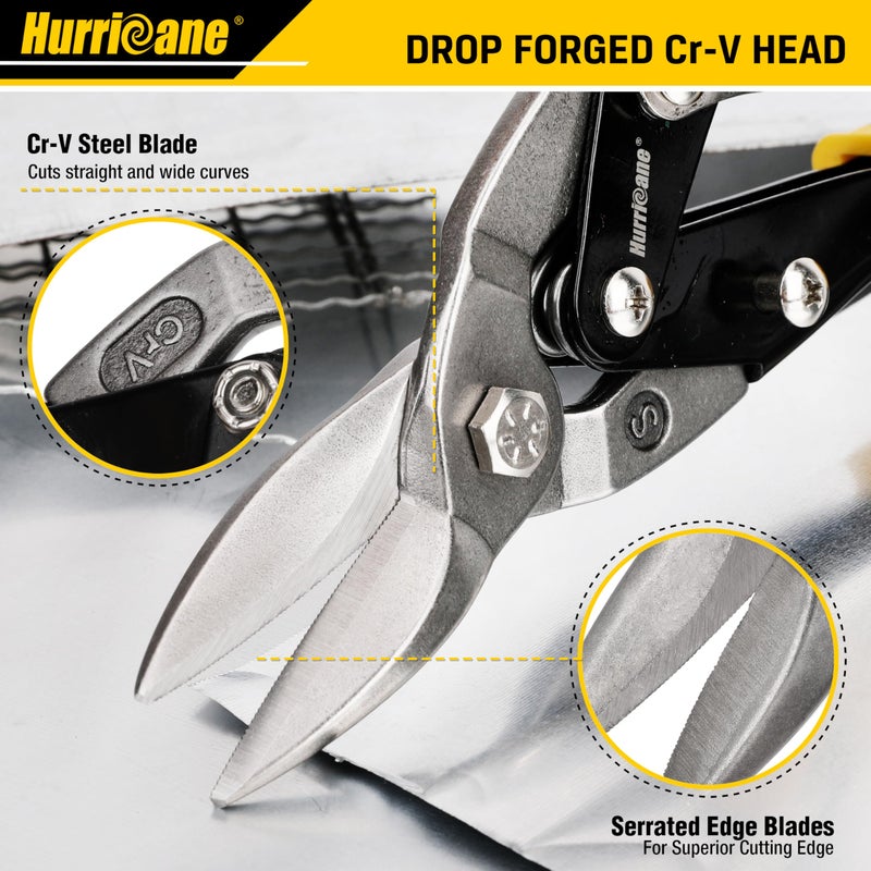 HURRICANE 3 pc Aviation Tin Snips Set, 10 inch Metal Cutter Shears for Cutting Sheet Metal, Cr-V Blades, Straight Left and Right Aviation Snips, with Ergonomical TyreGrip Handle and Safety Latch - Image 5