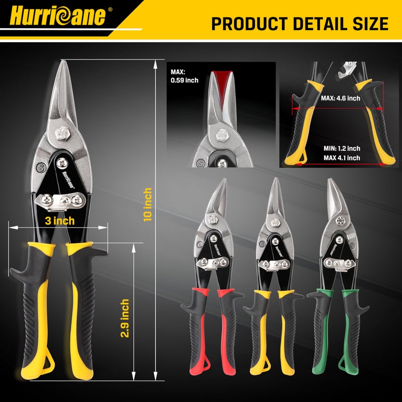 HURRICANE 3 pc Aviation Tin Snips Set, 10 inch Metal Cutter Shears for Cutting Sheet Metal, Cr-V Blades, Straight Left and Right Aviation Snips, with Ergonomical TyreGrip Handle and Safety Latch - Image 3