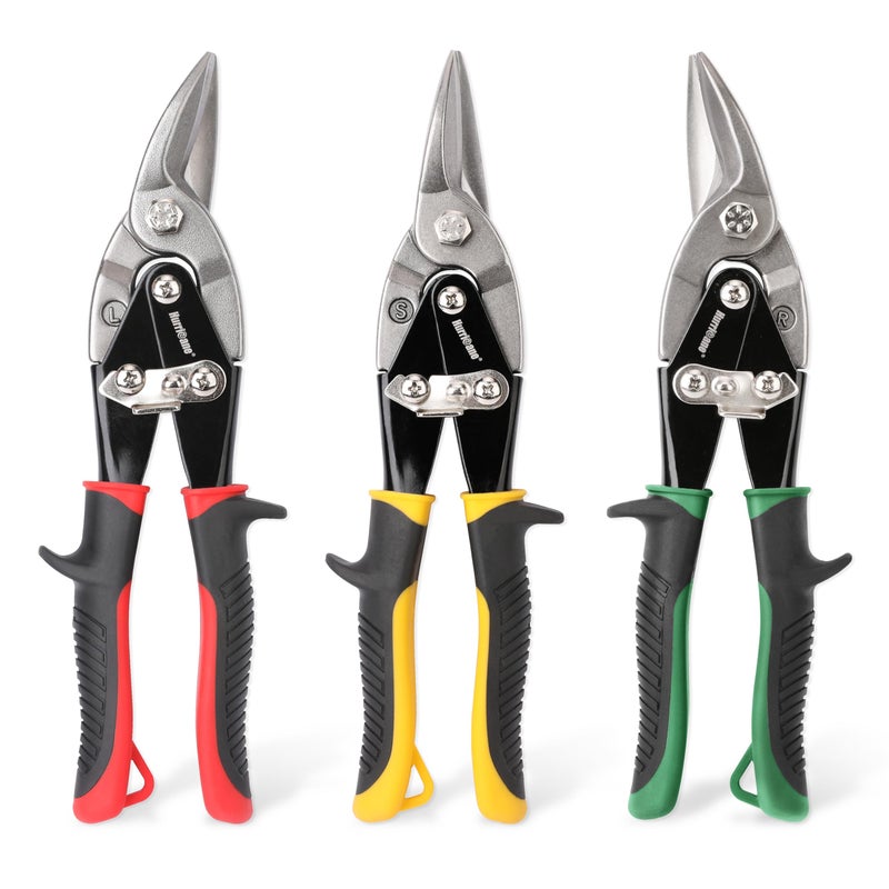 HURRICANE 3 pc Aviation Tin Snips Set, 10 inch Metal Cutter Shears for Cutting Sheet Metal, Cr-V Blades, Straight Left and Right Aviation Snips, with Ergonomical TyreGrip Handle and Safety Latch - Image 1
