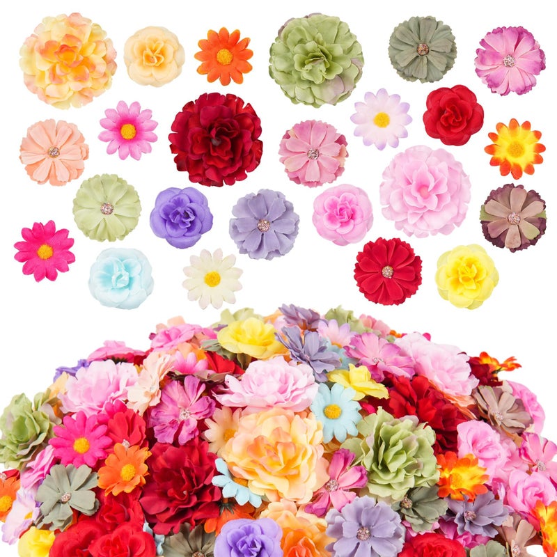 ATTGREAT 210 Pcs Mini Silk Flower Heads Small Fake Rose Daisy Faux Flowers Bulk for Crafts Artificial 3D Loose Fabric Flowers Heads Sunflower Bulk for Wedding Hair Cap Dresses Decorations (Bright Colors Mixed) - Image 1